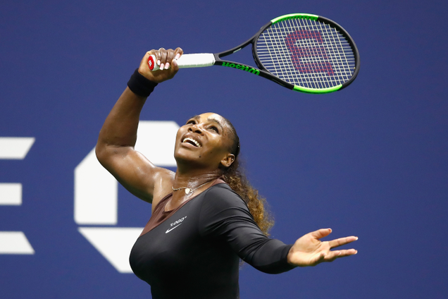Serena Williams during her women’s singles first round match against Magda Linette of Poland on Day One of the 2018 US Open at the USTA Billie Jean King National Tennis Center on August 27, 2018 in Queens, New York.